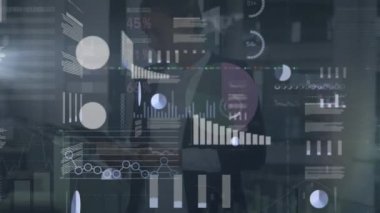 Animation of financial data processing over caucasian businesswoman using tablet. Global business, finances and digital interface concept digitally generated video.