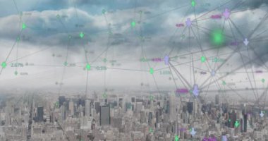 Animation of connections and data processing over cityscape. Global business, finances, computing and data processing concept digitally generated video.