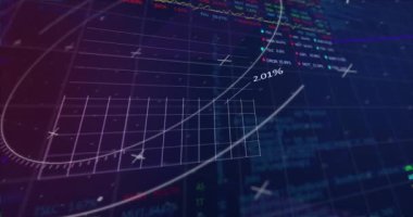Animation of circles over multiple graphs and trading boards against abstract background. Digitally generated, hologram, illustration, report, business, stock market, shape and technology concept.