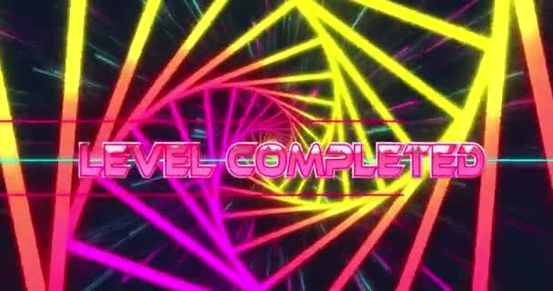 Animation Level Completed Text Neon Shapes Black Background Retro Futue — Vídeo de stock