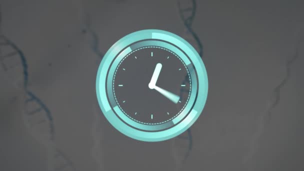 在灰色背景下 霓虹灯定时器在Dna结构上的动画 医学研究和商业技术概念 — 图库视频影像