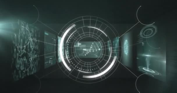 用黑色背景的医学数据处理在屏幕上旋转圆形扫描仪动画 计算机接口和医学研究技术概念 — 图库视频影像