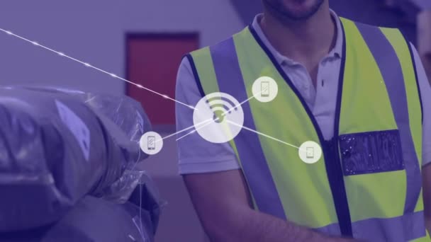 Animation Network Digital Icons Caucasian Male Worker Smiling Warehouse Global — Wideo stockowe