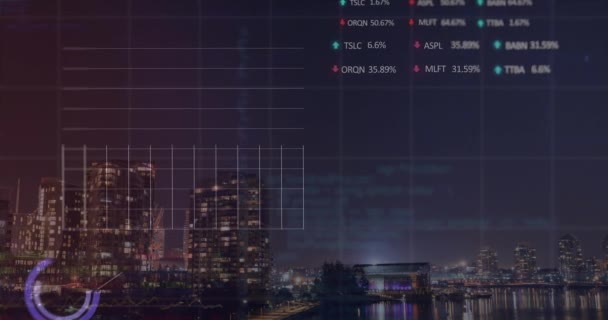 Animation Graphs Trading Board Illuminated Buildings Background Digital Composite Multiple — стоковое видео
