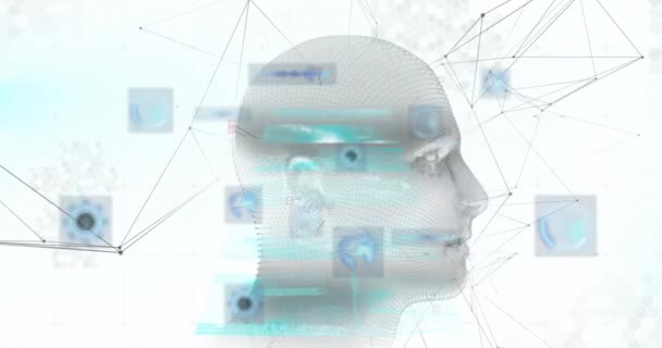 针对旋转人头模型的圆形扫描仪和连接网络动画 计算机接口和医学研究技术概念 — 图库视频影像