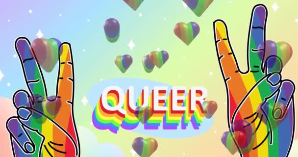 Animation Neon Queer Text Rainbow Hands Rainbow Hearts Background Pride — 图库视频影像