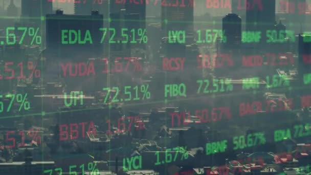 Animering Finansiella Data Bearbetning Över Stadsbilden Global Verksamhet Ekonomi Och — Stockvideo