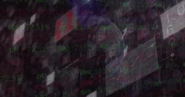 Animation of financial data processing and globe on black background. Global business, finances and digital interface concept digitally generated video.