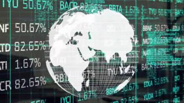 Animation of financial data processing and globe over office. Global technology, finances and digital interface concept digitally generated video.