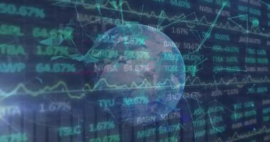 Animation of financial data processing with globe and connections on black background. Global business, finances and digital interface concept digitally generated video.