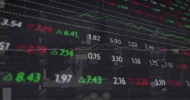 Siyah arka planda istatistiksel ve borsa veri işleme animasyonları. Küresel ekonomi ve iş teknolojisi kavramı