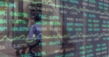 Animation of financial data processing over diverse business people in server room. Global business, finances and digital interface concept digitally generated video.