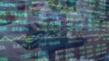 Animation of financial data processing over diverse people paying with smartphone. Global business, finances and digital interface concept digitally generated video.