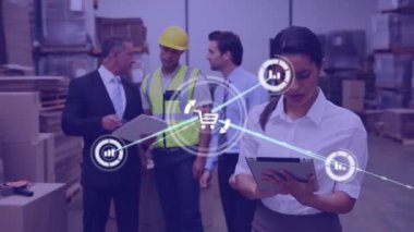 Animation of network of icons over biracial female supervisor using digital tablet at warehouse. Global networking and logistics business technology concept