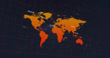 Animation of numbers floating over world map against data processing on black background. Global networking and business technology concept