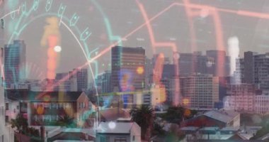 Şehir manzarası üzerinde finansal veri işleme animasyonu. küresel iş, finans ve dijital arayüz kavramı dijital olarak oluşturulmuş video.