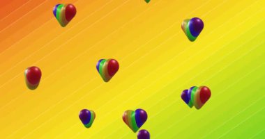 Animation of rainbow hearts spinning on gradient striped background. Pride, lgbt and equality concept digitally generated video.