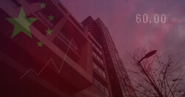 Animation Waving Chinese Flag Data Processing Tall Buildings Global Economy — Stock videók