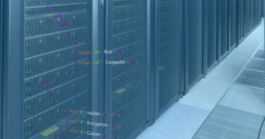 Sunucu odasında veri işleme resmi. küresel teknoloji ve dijital arayüz kavramı dijital olarak oluşturulmuş görüntü.