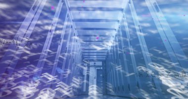 Sunucu odasında veri işleme bileşimi. Küresel teknoloji, bilgisayar ve dijital arayüz kavramı dijital olarak oluşturulmuş görüntü.