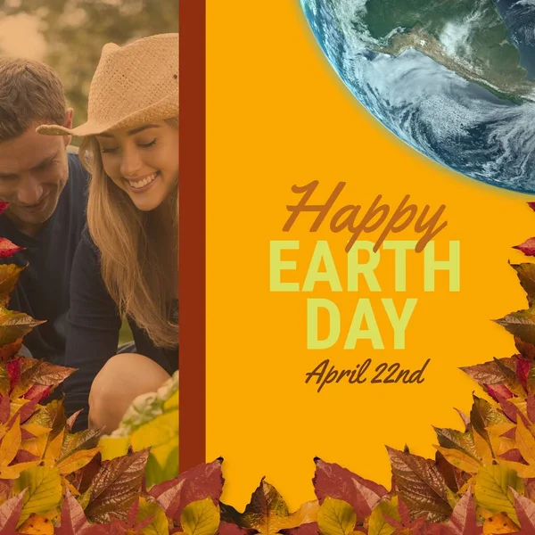 Image of happy earth day text over globe, leaves and caucasian couple in garden. International earth day, nature and celebration concept digitally generated image.