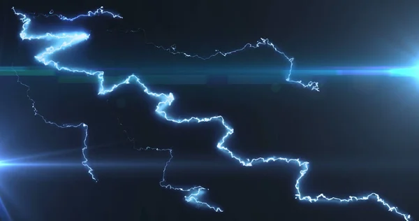 Image of glowing blue lightning flashes and white beam of light on dark background. electricity and communication technology concept digitally generated image.