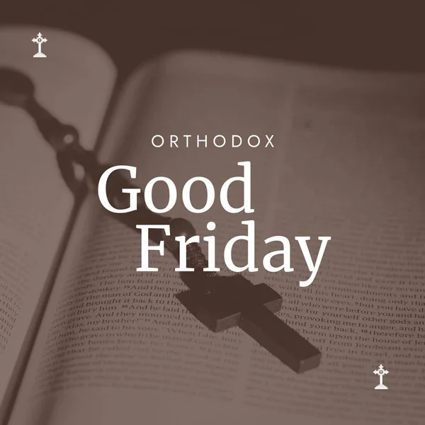 Skládá Křížů Ortodoxní Dobrý Pátek Text Přes Růženec Korálky Bible — Stock fotografie