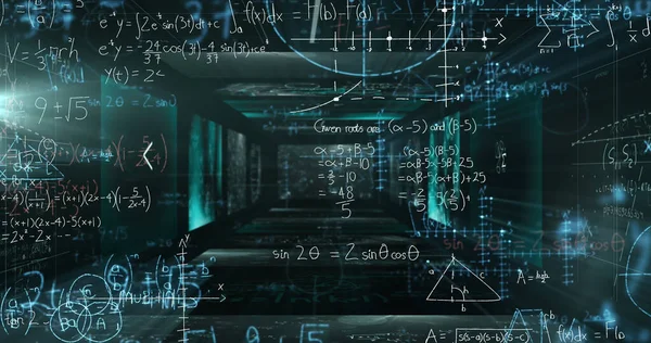 Изображение Математических Уравнений Цифровых Экранов Черном Фоне Концепция Глобального Делового — стоковое фото