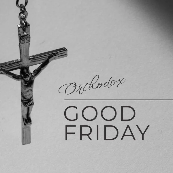 Composition of orthodox good friday text and copy space over christian cross. Orthodox good friday, christianity, faith and religion concept digitally generated image.