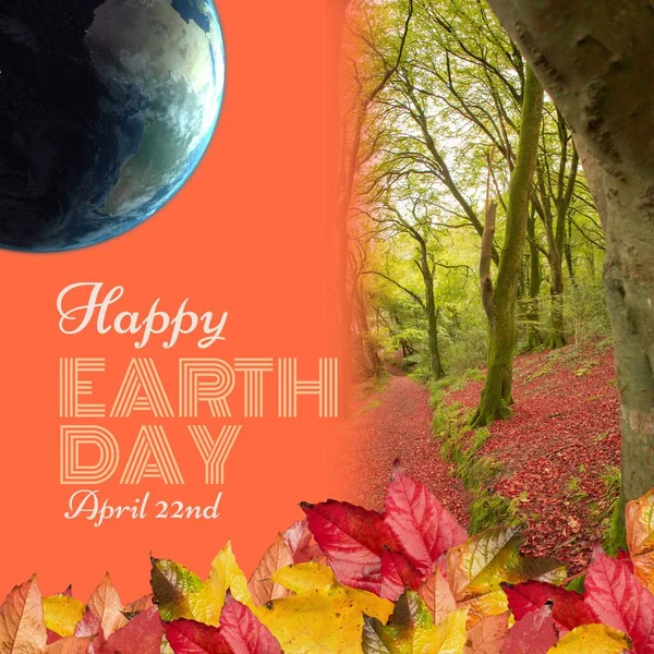 Composite Happy Earth Day April 22Nd Text Trees Growing Forest — Foto de Stock