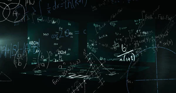 Image of data processing and mathematical equations over screens. global science, data processing, technology and connection concept digitally generated image.