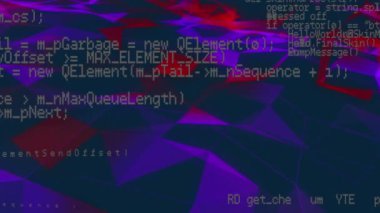 Bilgisayar dilinin çok renkli geometrik şekillerle siyah arkaplan üzerindeki animasyonu. Dijital olarak üretilmiş, hologram, illüstrasyon, kodlama, makine öğrenme ve teknoloji kavramı.