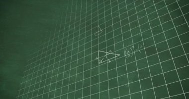 Beyaz matematiksel denklemlerin ve diyagramların soyut arkaplan karşısındaki şebeke kalıbının animasyonu. Dijital olarak üretilen hologram, denklemler, eğitim, öğrenme, illüstrasyon ve teknoloji.