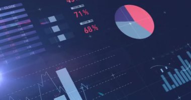 Mavi arka plandaki ışık noktasının üzerinde istatistiksel veri işleme animasyonu. İş veri teknolojisi kavramı