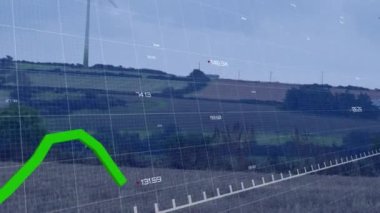 Değişen sayılarla birden fazla grafiğin animasyonu ve yeşil arazideki yel değirmenlerinin haritası. Dijital bileşik, çoklu pozlama, rapor, iş, büyüme, küresel, yeşil ve sürdürülebilir enerji.