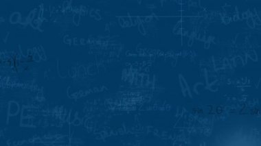 Matematiksel denklemler ve mavi arka plandaki okul konsepti metinlerinin üzerindeki ışık noktalarının animasyonu. Okul ve eğitim kavramı