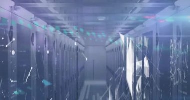 Bilgisayar sunucu odasına karşı veri işleme ve pleksus ağlarının animasyonu. Küresel ağ ve iş veri depolama teknolojisi kavramı