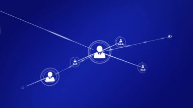 Animation of network of profile icons against blue background. Global networking and business technology concept