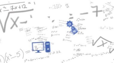 Beyaz arkaplanda yüzen matematiksel denklemlerin ve dijital simgelerin animasyonu. Okul eğitimi ve iş teknolojisi kavramı