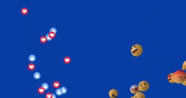 Birden fazla yüz emojisinin animasyonu kırmızı kalp ve mavi arkaplanda yüzen ikonlar gibi. Sosyal medya ağ teknolojisi kavramı
