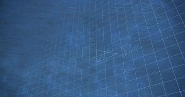 Matematiksel denklemlerin animasyonu ve mavi arkaplan üzerinde şema. Dijital olarak üretilmiş, hologram, illüstrasyon, toplamlar, hesaplamalar, soyut ve teknoloji kavramı.