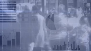 Sokakta yürüyen insanların hızlandırılmış istatistiksel veri işleme animasyonu. İş veri teknolojisi kavramı