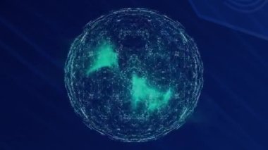 Animation of globe of network of connections over green digital wave against blue background. Global networking and business technology concept
