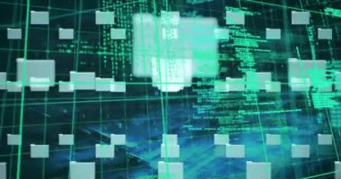 Siyah arkaplanda mavi kare şekiller üzerinde güvenlik kilidi simgesi ve veri işleme animasyonu. Siber güvenlik ve iş teknolojisi kavramı