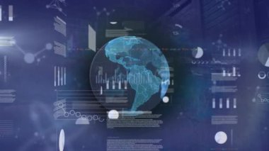Dönen küreye karşı yüzen moleküler yapıların üzerinde veri işlemesi olan ekranların animasyonu. Tıbbi araştırma bilimi ve iş teknolojisi kavramı