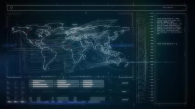 Animation of data processing over world map. Global business, finances, computing and data processing concept digitally generated video.