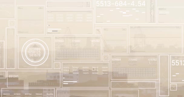 Animatie Van Interface Met Gegevensverwerking Tegen Luchtfoto Van Stadsgezichten Computerinterface — Stockvideo