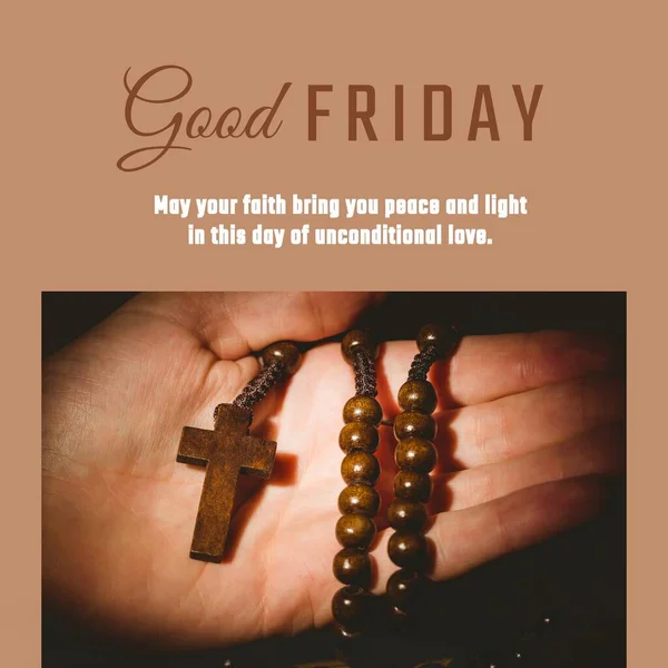 Image of good friday text over hand holding rosary with cross. Good friday, faith and celebration concept digitally generated image.