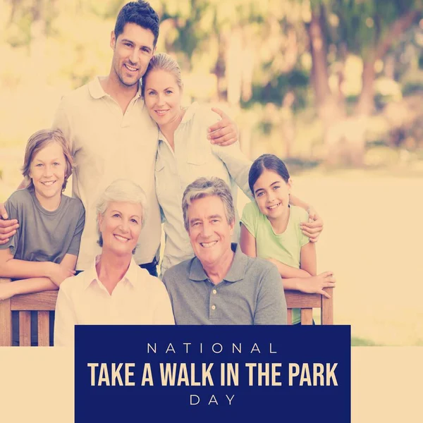 National take a walk in the park day text over happy caucasian family in garden. National take a walk in the park day and celebration concept digitally generated image.