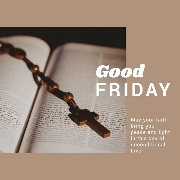 Obrázek Dobrého Pátečního Textu Nad Růžencem Křížem Biblí Dobrý Pátek — Stock fotografie